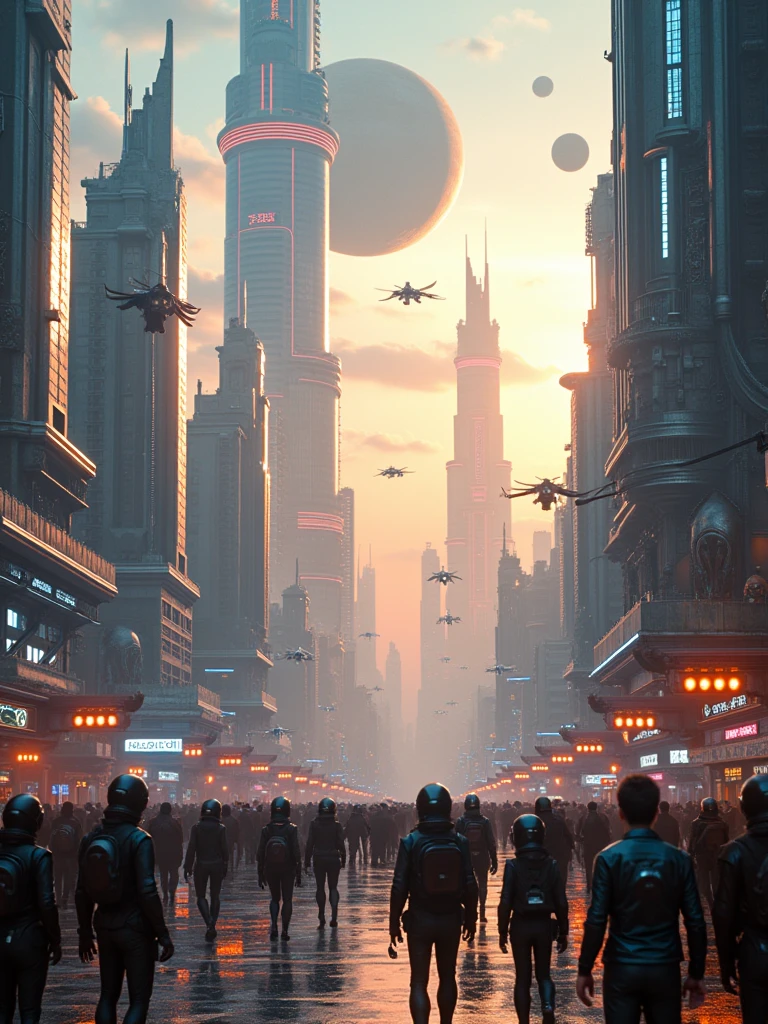 A breathtaking, cinematic panorama of a futuristic cityscape, brilliantly captured in Super Panavision 70mm. Towering skyscrapers reach for the heavens, their metallic surfaces gleaming and reflecting the dazzling neon lights. Flying vehicles weave through the sky, while humanoid travelers in advanced armor walk the bustling streets. In the foreground, strange alien creatures with bioluminescent skin stroll alongside their human counterparts. In the distance lies a vast alien desert, inhabited by colossal, insect-like creatures roaming the dunes. The sky is filled with colossal planets and moons, casting an eerie glow that envelops the entire scene. Amidst the vastness of the galaxy, starships clash in aerial combat, while bioluminescent flying beasts patrol the skyline,