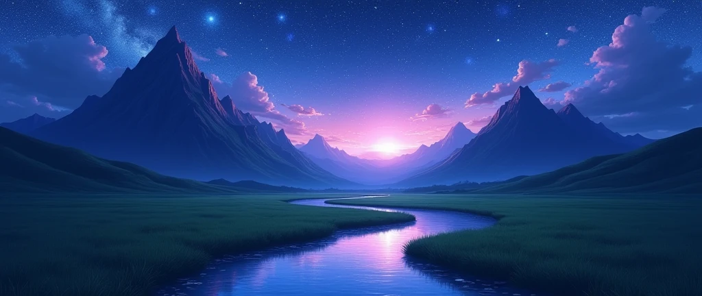 Anime image with some mountains, river,  grassland. With blue purple sky full of star. No human.