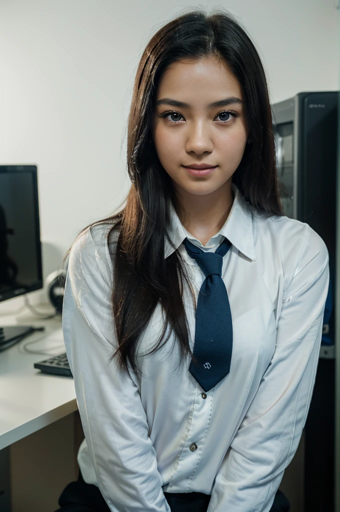 (Masterpiece),(complication:1.3),(Realistic),Portrait of a woman,18 years old,Has a delicate and beautiful Thai face,long black hair,Big eyes,Blue eyes,smiling,be happy,(Wearing a long-sleeved white shirt with a blue tie),Wearing a blue student ID lanyard,Looking towards the viewer,Passed through her computer,(In a computer room),warm light,Showing some sunlight,Professional photographer in capturing detailed images of young women,Have clarity,dramatic,Awarded globally,Cinematic lighting,(film grain,Blurred background,Blurred background,bokeh,depth of field)