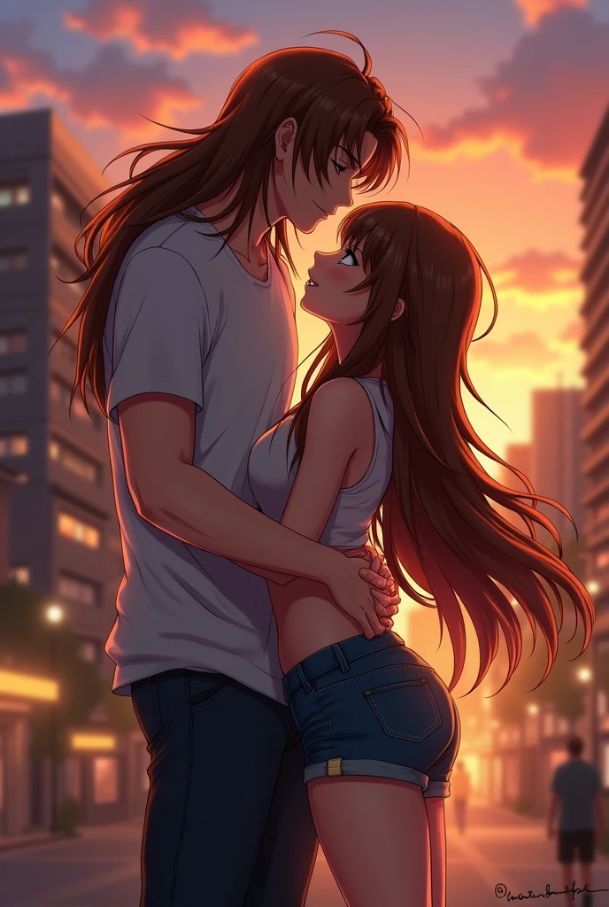 Make a man with long flowing brown hair, standing hugging a sexy sensual girl in shorts and a cropped top with long brown hair and long anime bangs standing adults