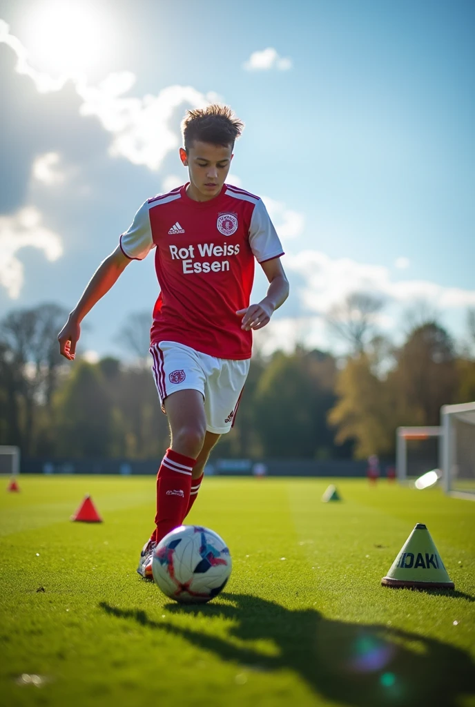 A 17 year old soccer player who is taking a free kick, Wears a red and white jersey with the number 9,The jersey says Rot-Weiss Essen, Photographed from behind at a training camp 