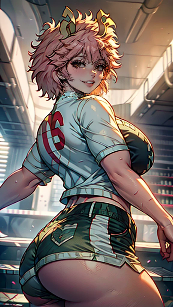 ((Masterpiece:1.5, best quality)), ((Mina Ashido from My Hero Academia)), beautiful face, (voluptuous), large_breast, ample hips, flaunting her incredibly detailed accentuated big booty, wearing cropped t-shirt and daisy dukes, thick_thighs, breathtaking detail, RAW photo color, cinematic lighting, 8k uhd, dslr, 