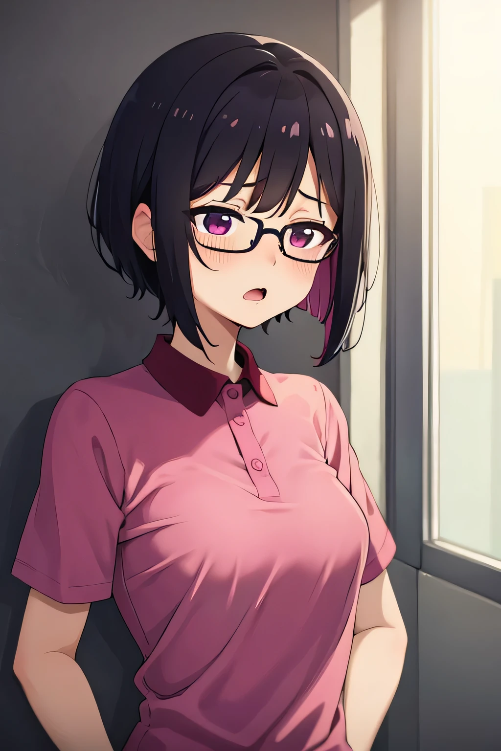 1. Magenta polo shirt, short hair, Small breasts, Embarrassing, beautiful指, Shyness, worries, Black Hair, black eye, hospital, beautiful, cute, high quality, Short sleeve, Open mouth, glasses, perfect hand, nipple
