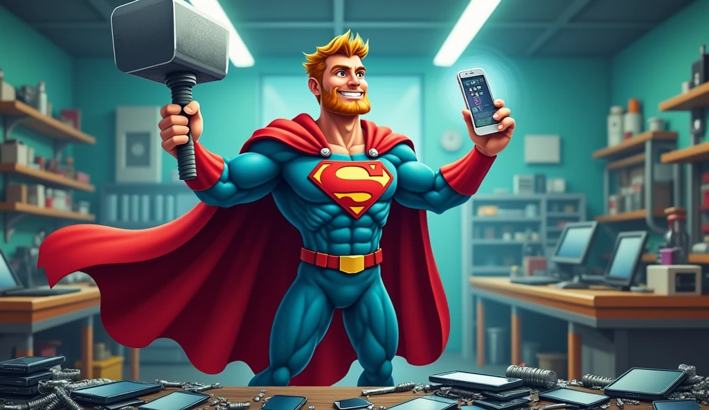 A humorous scene of a superhero-themed iPhone repairman standing in a repair shop. The repairman is dressed in a superhero outfit with a cape made of phone cables, holding a giant screwdriver like Thor's hammer in one hand, and a perfectly repaired glowing iPhone in the other. The background features a cartoon-style repair shop with exaggerated oversized tools and broken iPhones scattered around. The repairman stands triumphantly over a pile of broken phones, giving off a confident and victorious vibe.