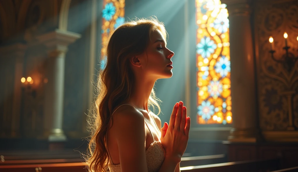 ((best quality)), ((masterpiece)), (detail), perfect face, panoramic photo of a young russian woman praying with her hands together in church, woman with V-line face and blue eyes, clear face, church scene with intricate details, shimmering and magical light, surreal photo, 8k, ultra high resolution, sharp face