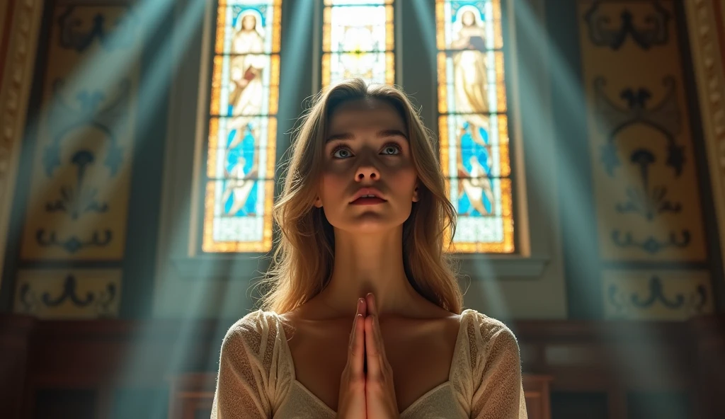 ((best quality)), ((masterpiece)), (detail), perfect face, panoramic photo of a young russian woman praying with her hands together in church, woman with V-line face and blue eyes, clear face, church scene with intricate details, shimmering and magical light, surreal photo, 8k, ultra high resolution, sharp face