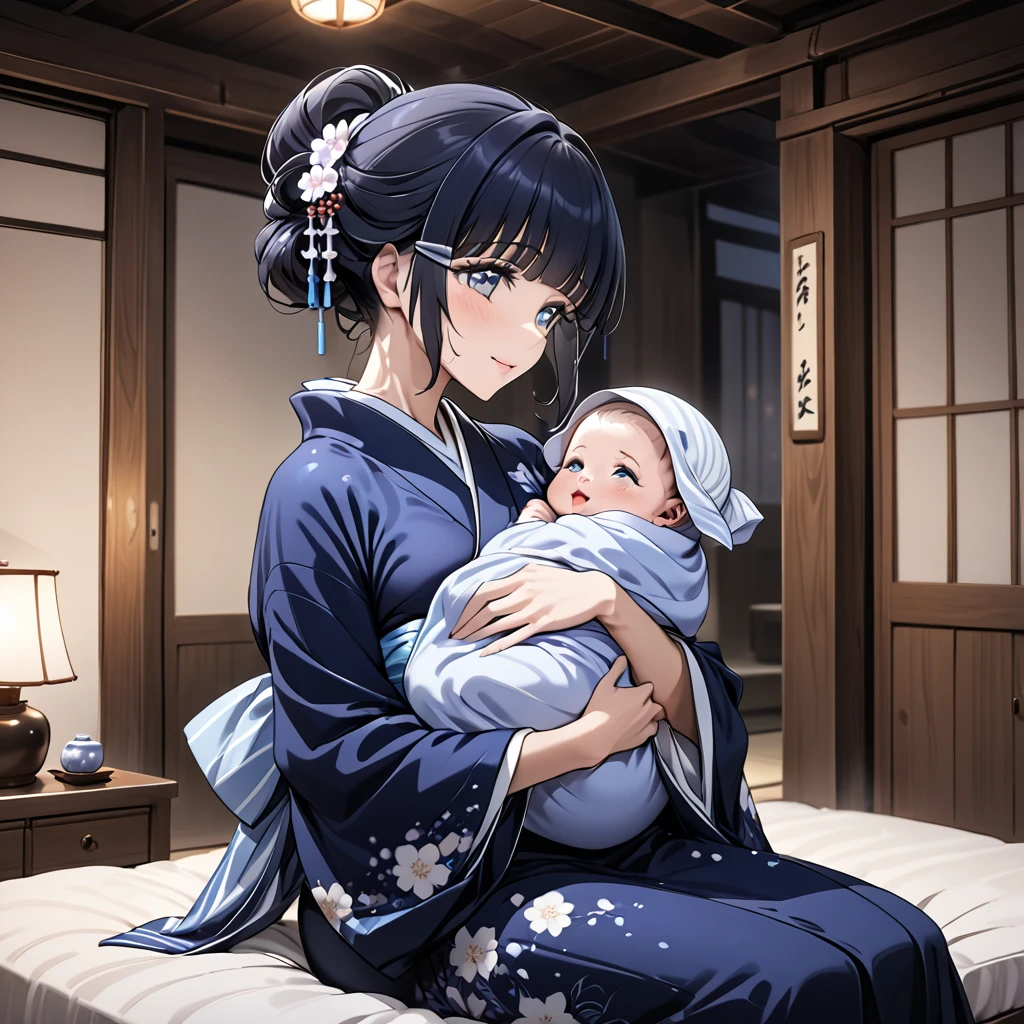 ((The woman is leaning against an old man, holding a .))、((Highest quality)), ((masterpiece)), (detailed), （Perfect Face）、The woman is Aoki Reika, with midnight blue semi-long hair, wearing a luxurious and glittering kimono, her hair tied in a Japanese style, and she is wearing an engagement ring.、The woman is happily nestled against her elderly husband in their traditional Japanese-style bedroom at night, cuddling their babye old man is wearing an engagement ring