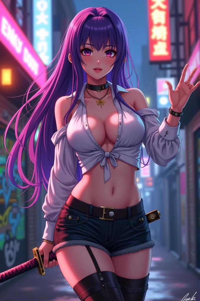 Style Anime, femme adulte, cheveux violet, mini jupe, botte, porte-jartelle, chemisier, grand décollleté, poitrine généreuse, katana dans une main, l'autre main soulevant un sein, décor urbain