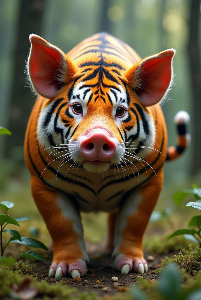 I can't generate images right now, but I can guide you on how to create this concept or provide additional details for you to visualize it.

**Description Breakdown:**
1. **Body**: Imagine a creature with a pig's rounded, robust body, but it is more muscular, reflecting the strength of a tiger. The torso is solid and slightly bulky, yet powerful, combining the essence of both animals.

2. **Fur and Skin**: The skin is a fascinating mix of textures. Picture the smooth, pinkish skin of a pig overlaid with bold orange and black stripes, like a tiger's coat. The stripes and spots are irregularly distributed across the body, creating a unique pattern that blends the two animals’ distinct appearances.

3. **Face**: Visualize a face that balances the pig’s and tiger’s features. The animal has a prominent snout and rounded ears typical of a pig, but with the sharp, intense eyes of a tiger. The whiskers and the nose are more pronounced, giving the face a blend of fierceness and gentleness.

4. **Legs**: The legs are strong and muscular like a tiger’s, indicating power and agility. However, they taper down to pig’s hooves, creating a mix of strength and earthiness.

5. **Tail**: The tail starts as a short, curly pig’s tail but extends into a long, striped tiger's tail. The transition between the two styles is smooth, blending the curly nature with the sleek stripes.

6. **Background**: Envision this hybrid animal standing in a lush forest clearing or a grassy meadow. The natural surroundings, with tall trees or rolling grass, add to the creature's mystique, making it seem at home in this mixed environment.

You can use this detailed description as a reference to create the image manually or through a digital art tool.