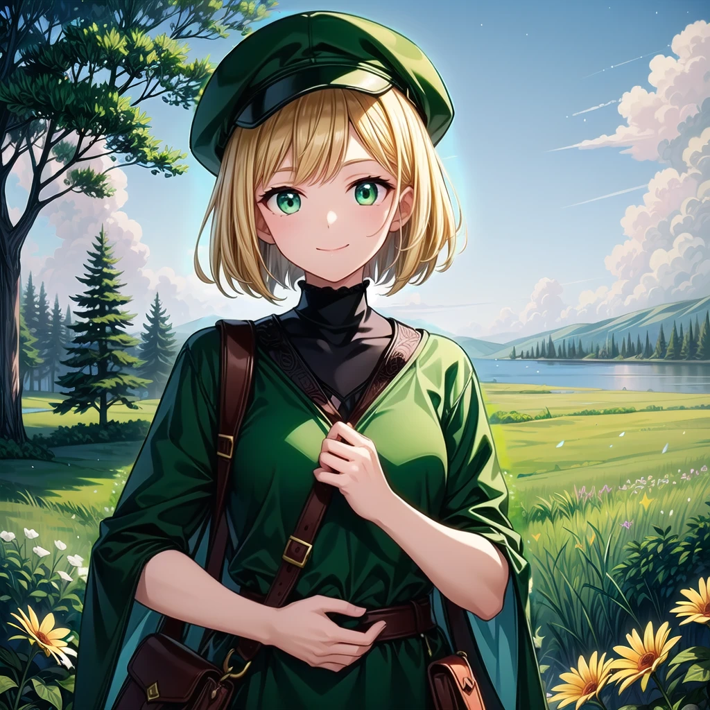 ((masterpiece)), ((Highest quality)), ((Super detailed)), Night Sky, lake, grassland, Flowers, Western, Otherworldly fantasy, (アニメ:1.1)