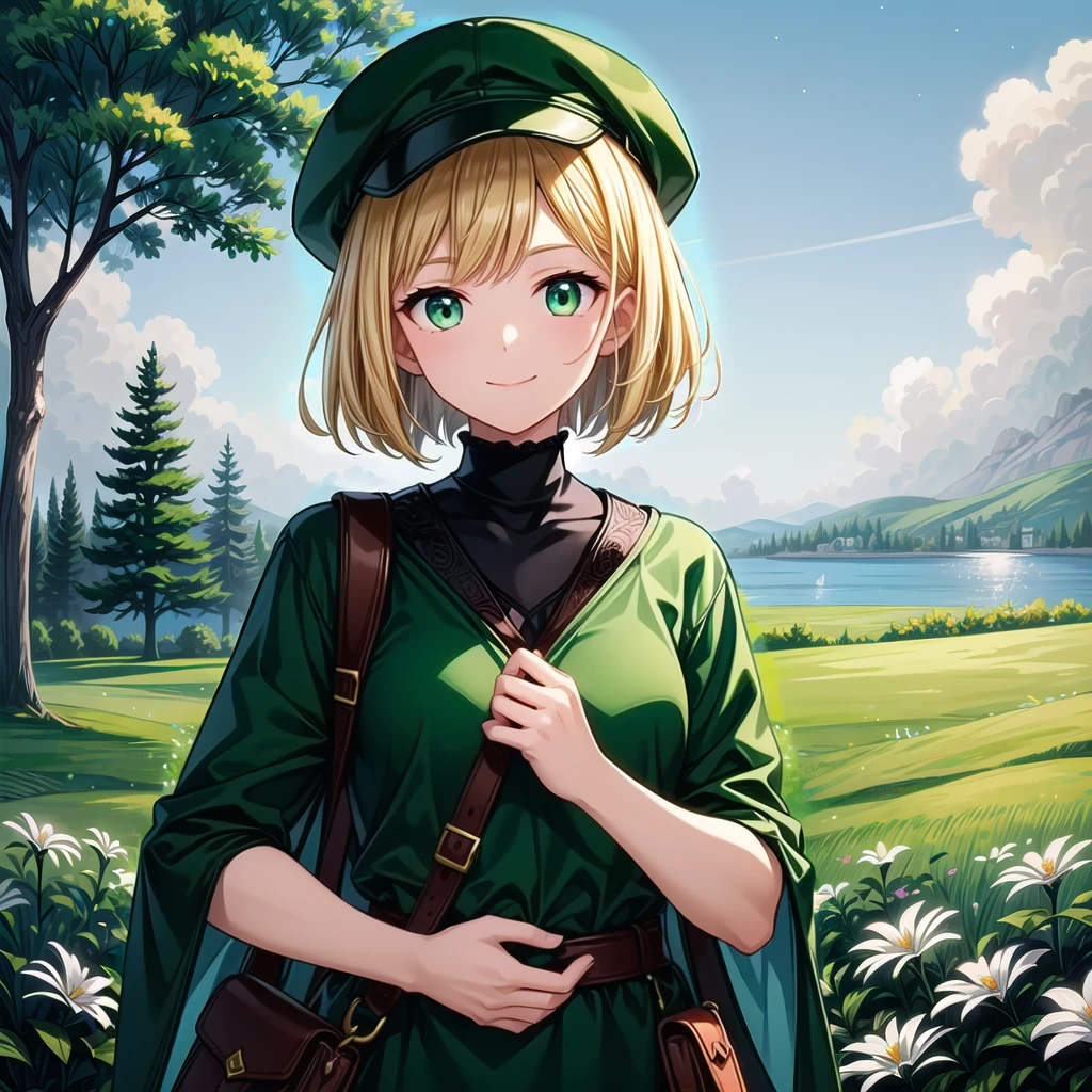 ((masterpiece)), ((Highest quality)), ((Super detailed)), Night Sky, lake, grassland, Flowers, Western, Otherworldly fantasy, (アニメ:1.1)