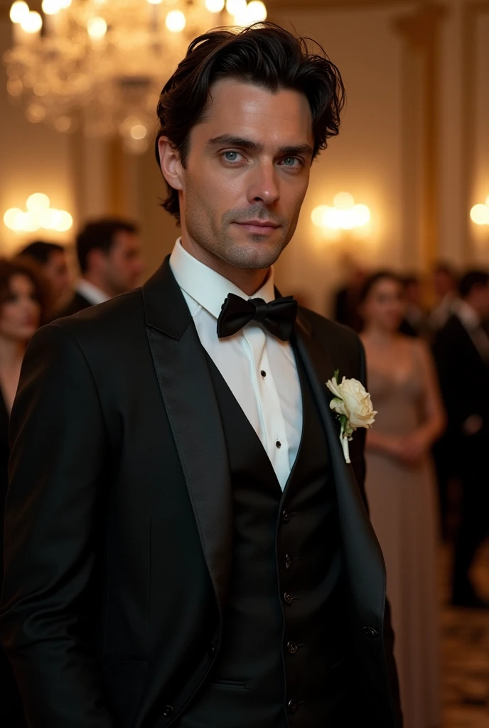 a handsome man, black hair, blue eyes, with white skin, His serious expression and elegant attire