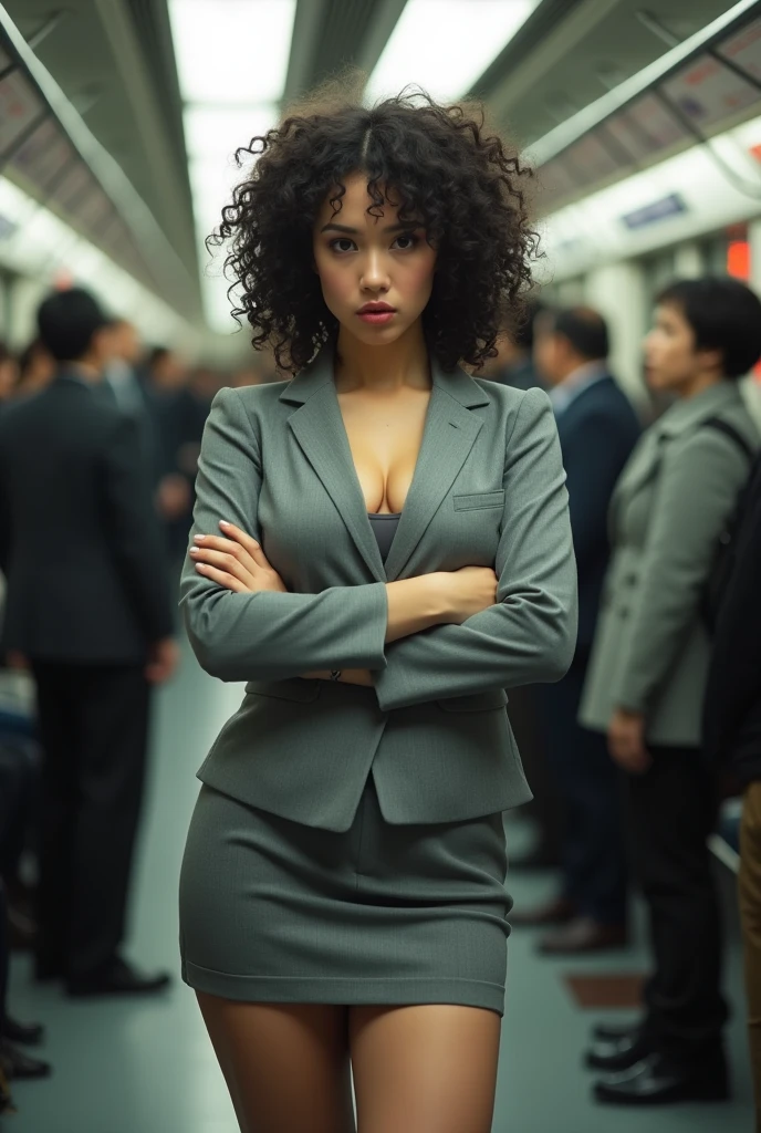 26 year old beautiful busty japanese woman,Highest vulgarity image quality、realistic、16K、vulgarity makeup face、cute、curly hair、muscular,Standing、OL in the subway、gray mini skirt suit、whole body、Annoyed、panoramic、show me your long legs、Photographed quite far away、whole body姿、arms folded、Full body、