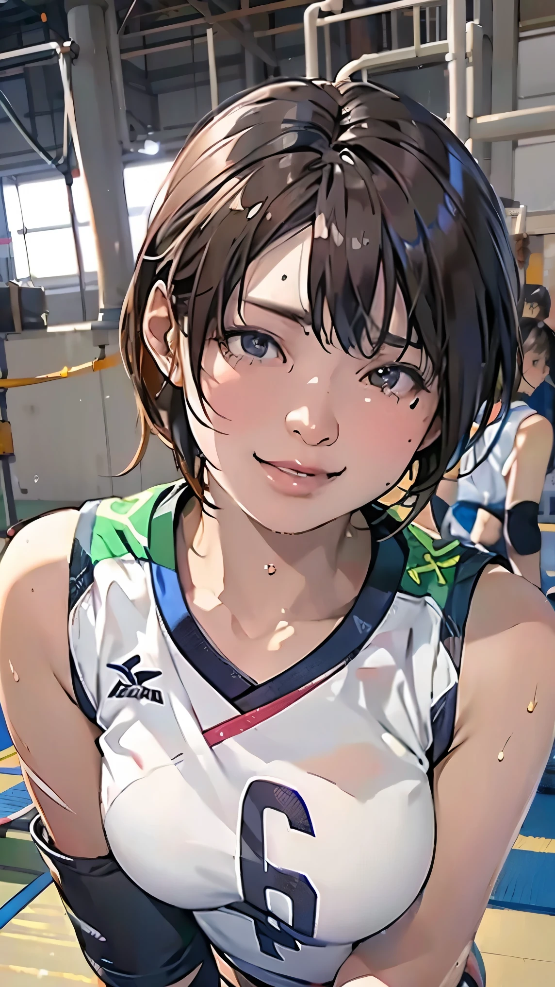 perfection、masterpiece、(Highest quality、High resolution:1.2)、 1 person、Beautifully detailed eyes、Beautifully detailed lips、Highly detailed eyes and face、media: oil、Bright colors、HDR、Studio Lighting、Ultra-fine painting、Sharp focus、Physically Based Rendering、Extremely detailed depiction、Moderate bust、perfectionな形、face down、Sweat、smile、Volleyball Player、((Sleeveless Japanese national volleyball uniform))、gym、Center Court