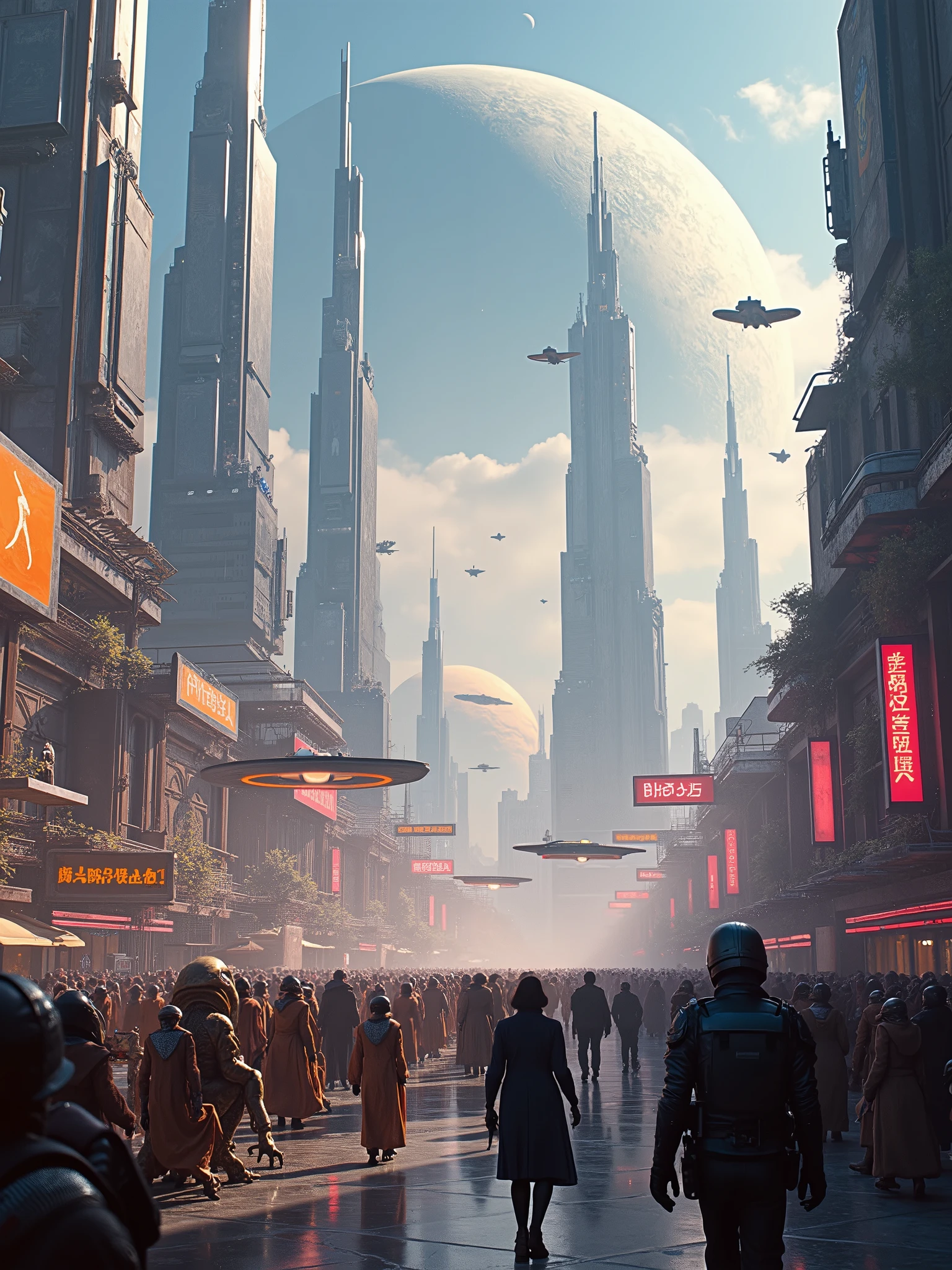 A breathtaking, cinematic panorama of a futuristic cityscape, brilliantly captured in Super Panavision 70mm. Towering skyscrapers reach for the heavens, their metallic surfaces gleaming and reflecting the dazzling neon lights. Flying vehicles weave through the sky, while humanoid travelers in advanced armor walk the bustling streets. In the foreground, strange alien creatures with bioluminescent skin stroll alongside their human counterparts. In the distance lies a vast alien desert, inhabited by colossal, insect-like creatures roaming the dunes. The sky is filled with colossal planets and moons, casting an eerie glow that envelops the entire scene. Amidst the vastness of the galaxy, starships clash in aerial combat, while bioluminescent flying beasts patrol the skyline,