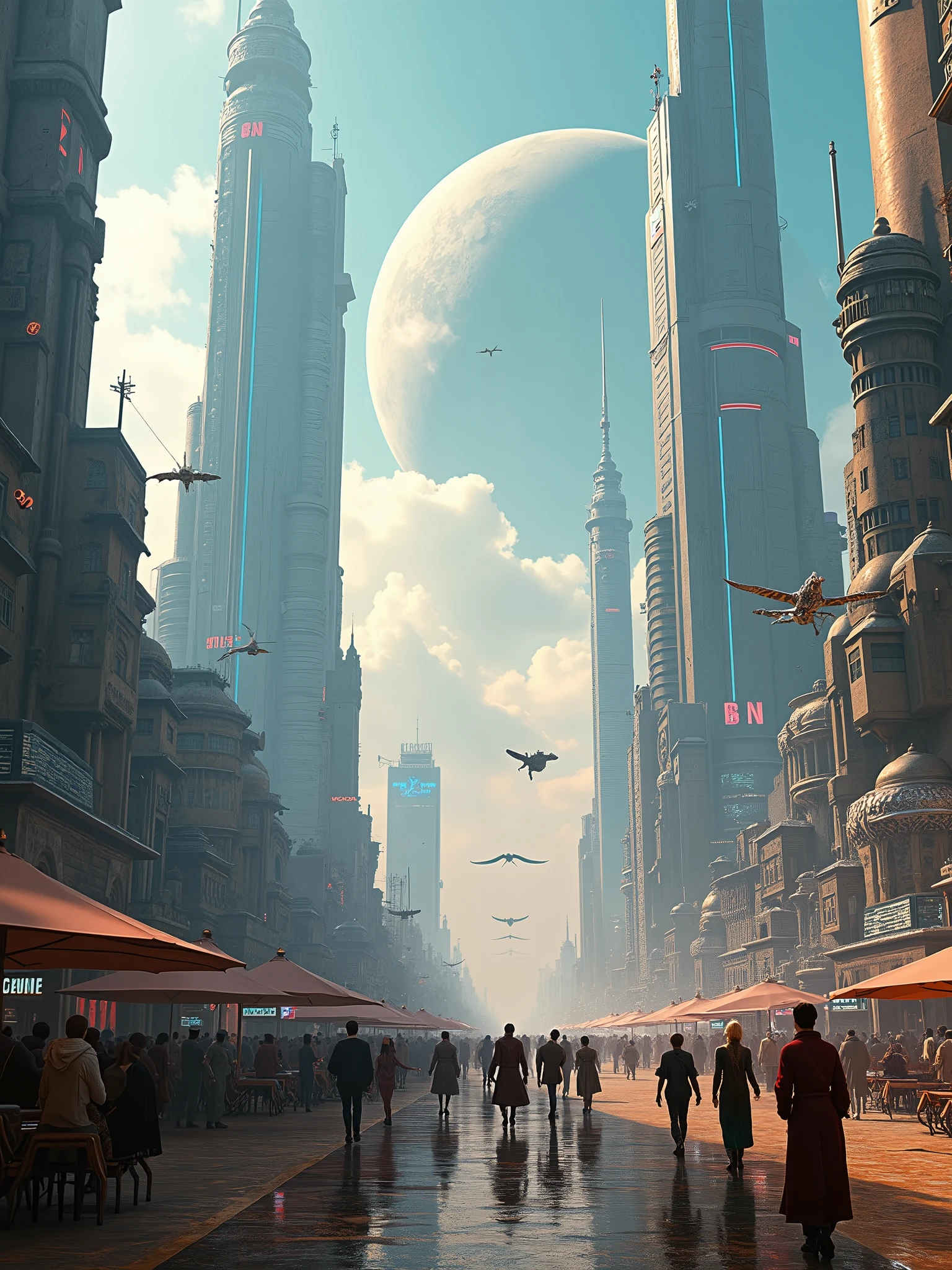 A breathtaking, cinematic panorama of a futuristic cityscape, brilliantly captured in Super Panavision 70mm. Towering skyscrapers reach for the heavens, their metallic surfaces gleaming and reflecting the dazzling neon lights. Flying vehicles weave through the sky, while humanoid travelers in advanced armor walk the bustling streets. In the foreground, strange alien creatures with bioluminescent skin stroll alongside their human counterparts. In the distance lies a vast alien desert, inhabited by colossal, insect-like creatures roaming the dunes. The sky is filled with colossal planets and moons, casting an eerie glow that envelops the entire scene. Amidst the vastness of the galaxy, starships clash in aerial combat, while bioluminescent flying beasts patrol the skyline,