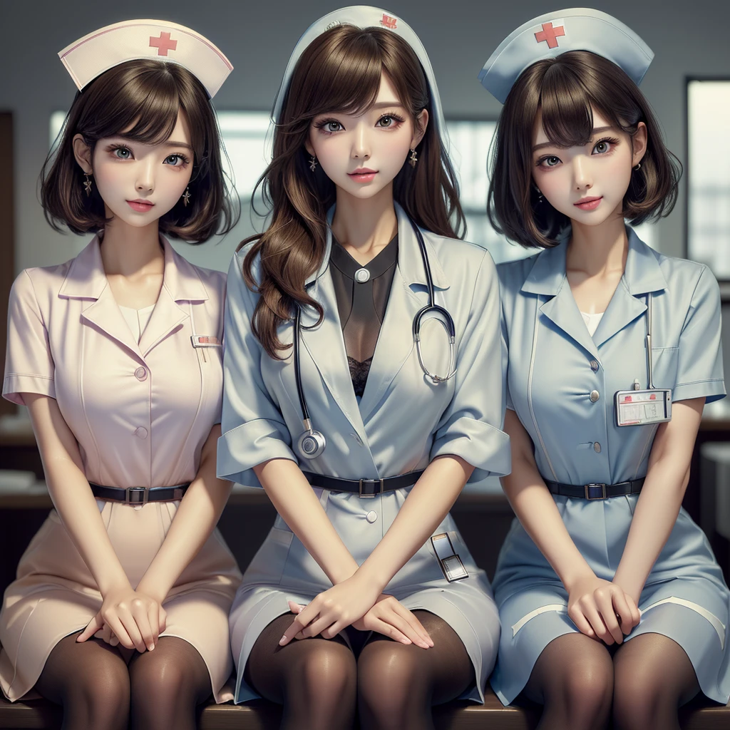 (best quality, masterpiece:1.5), (ultra-detailed, realistic:1.37),4K,(3woman:1.5),korean,cute,beautiful,(nurse uniform:1.2),(doctor),(skirt),(big breast),(bra),(black pantyhose)