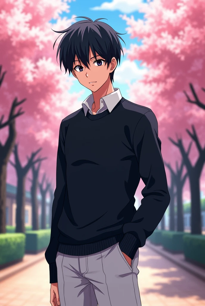 skinny man,white,cabello corto color negro hojos negros ojeras polera negra pantalon white de escuela anime