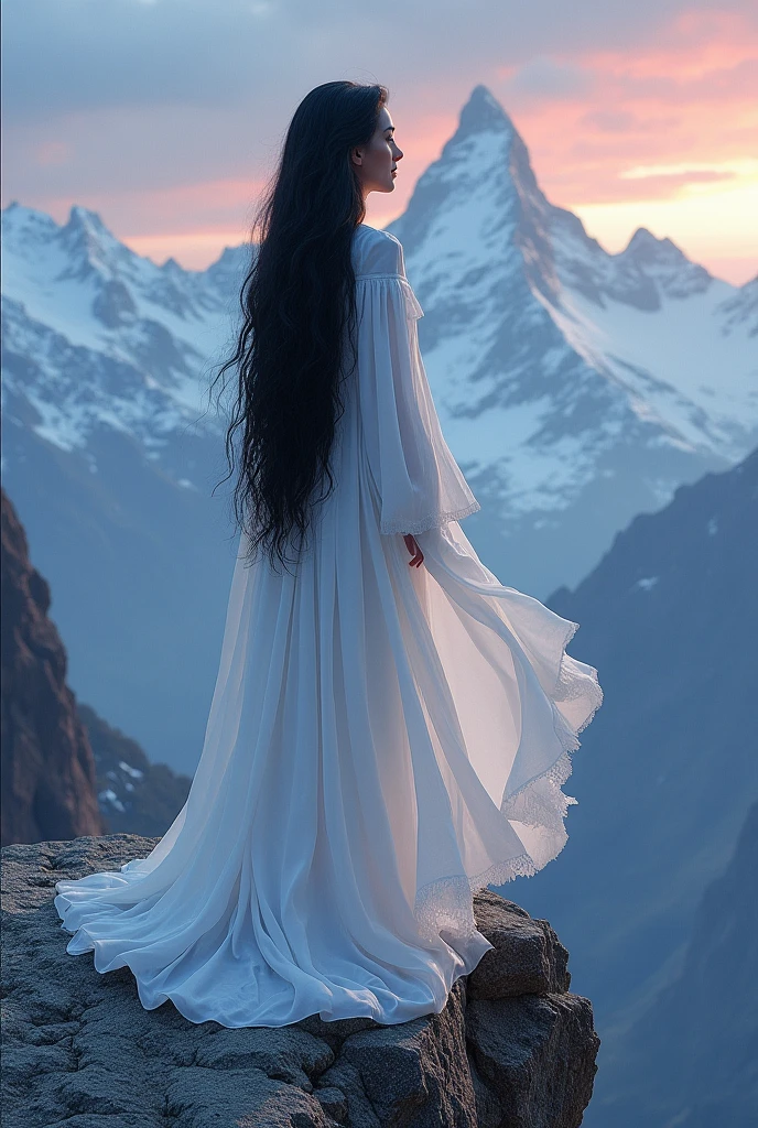 The Lady of the Mountain, dressed in white, with her long, black hair flowing in the wind