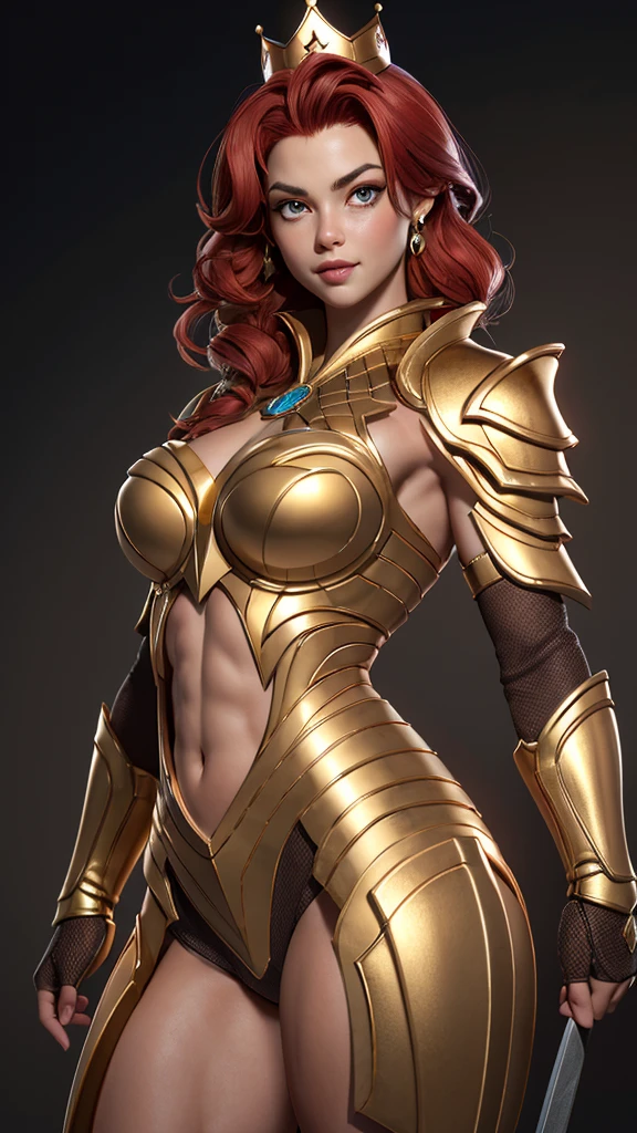 ((1girl)), full body, 80s_teela, a woman wearing armor, modelshoot style, anime, (extremely detailed 8k wallpaper), masterpiece, best quality, ((intricate detail)), absurdres, (((red hair))), ((blue eyes)), ((perfect face)), muscular thighs, muscular arms, suggestive smile, skin texture, (tone mapped), ((outline)), dynamic angle, dynamic pose, <lora:Teela_MK4:0.8>