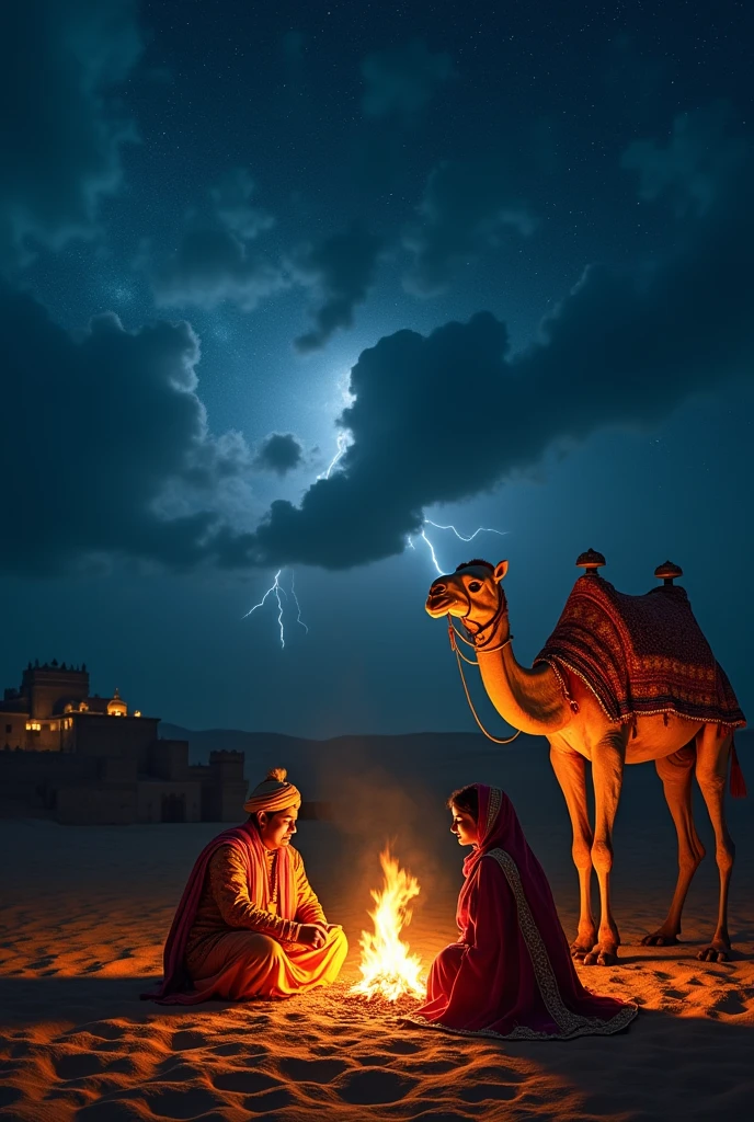 At night, the Rajasthani king and queen are sitting around a fire outside the old palace. Lightning is flashing faintly in the clouds. A camel is standing nearby.