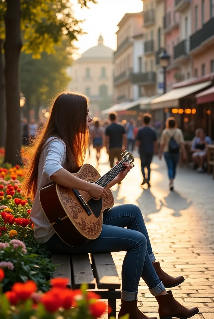 Draw a person sitting on a bench in a city square playing a guitar. 