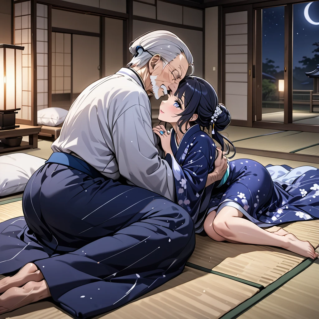 ((Highest quality)), ((masterpiece)), (detailed), (Perfect Face)、The woman is Aoki Reika, with midnight blue semi-long hair, wearing a luxurious and glittering kimono, her hair tied in a Japanese style, and she is wearing an engagement ring.、The woman is lying next to an elderly man on the futon in the tatami room at night.、The woman is hugging and kissing an elderly man, looking happy and in love、The old man is wearing an engagement ring