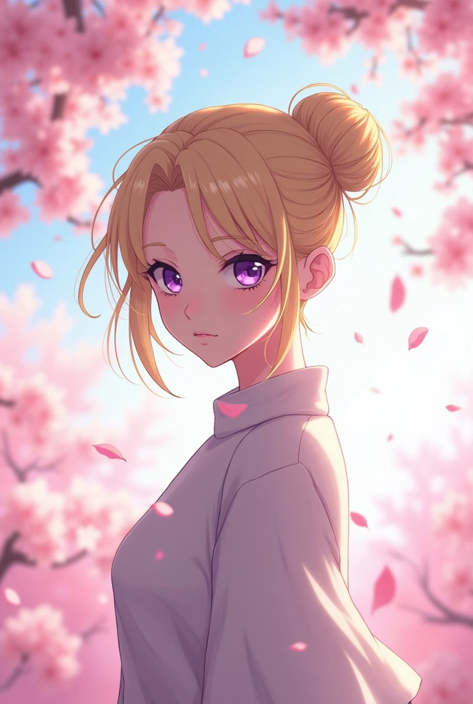 A woman with blonde hair wrapped in a neat bun, with a stoic expression and purple eyes in anime style