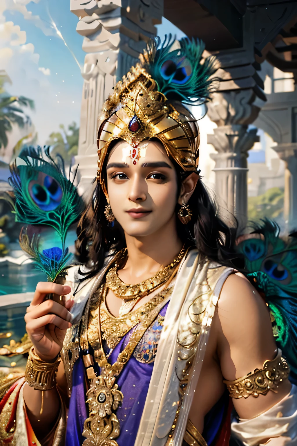 Krishna , loving man , beautiful glitter eyes , blue skin tone , smiling , divine nature, god, .holding musical instrument flute (bsansuree) in his hands, peacock feathers on head.