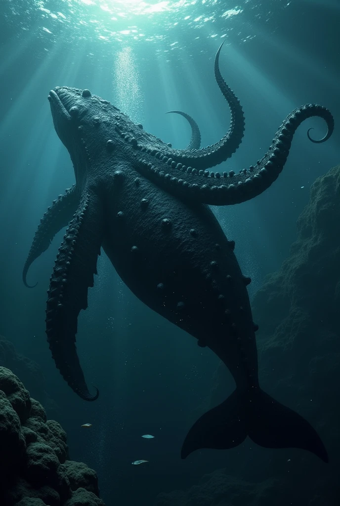can u create an image of a creature. Description it looks like a half wale and back whit a octapus with a sharp 8 tentacle near the tale which sucks blood , its black colour