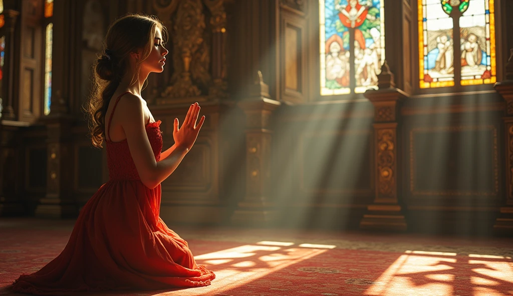 ((best quality)), ((masterpiece)), (detail), perfect face, panoramic photo of a young russian woman praying with her hands together in church, woman with V-line face and blue eyes, clear face, church scene with intricate details, shimmering and magical light, surreal photo, 8k, ultra high resolution, sharp face