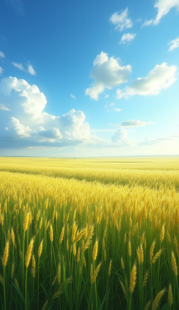 A wide-angle view of a vast prairie, where endless fields of tall grasses sway gently in the wind. The grasses create a rippling effect, resembling waves across the landscape, under a bright blue sky with a few scattered clouds. The horizon seems distant, emphasizing the immense scale of the prairie. The scene is bathed in soft, natural light, highlighting the vibrant greens and golds of the grasses as they move with the breeze, capturing the serene and expansive beauty of the open landscape.
