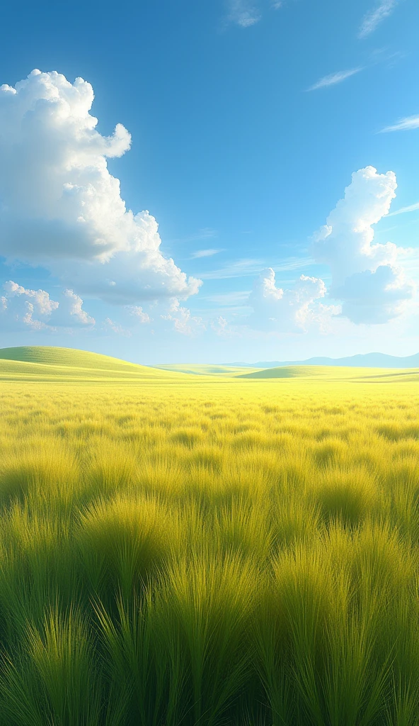 A wide-angle view of a vast prairie, where endless fields of tall grasses sway gently in the wind. The grasses create a rippling effect, resembling waves across the landscape, under a bright blue sky with a few scattered clouds. The horizon seems distant, emphasizing the immense scale of the prairie. The scene is bathed in soft, natural light, highlighting the vibrant greens and golds of the grasses as they move with the breeze, capturing the serene and expansive beauty of the open landscape.
