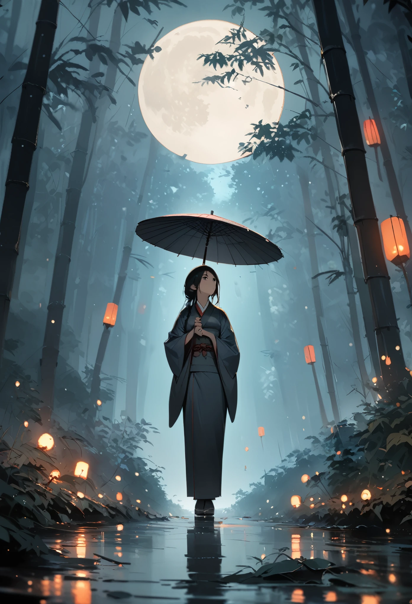 dynamic ink painting of a bamboo grove of japan, great art, great sense of depth, ground level shot, the most beautiful bamboo grove in the world, bamboo leaves shining through rainwater, moon\(pale blue\) with a light overcast,solo, beautiful 1girl\(ancient Japanese noble, beautiful kimono, beautiful long black hair\) looking up at the moon holding an umbrella,raining softly, fireflies flying around, bamboo leaves are placed three-dimensionally in the foreground, long shot