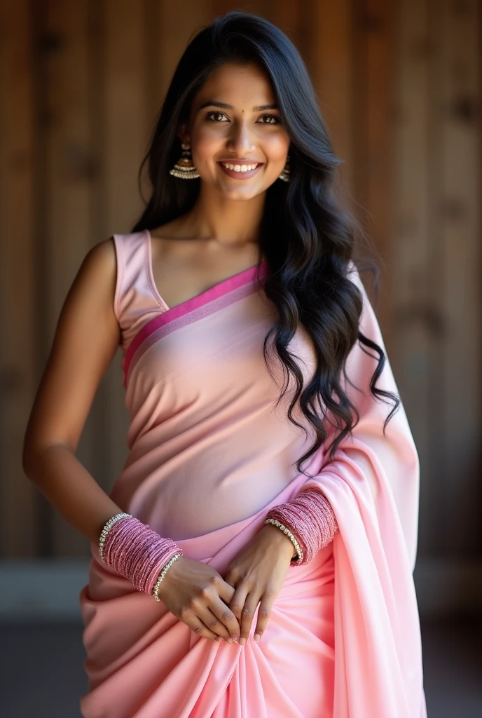 Indian girl with light pink colour saree
, with open hairs on left shoulder ,with blurred wooden background , looking straight, body facing towards the camera with a adult smile , with 5 pink colour bangles 