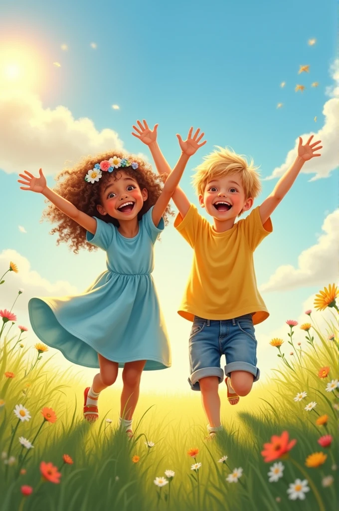 Beautiful natural environment, children smile and greet each other.