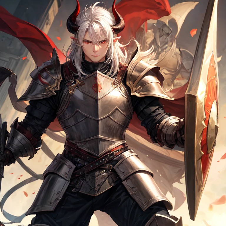 A man, a demon of strong build and tall stature, in human form with horns and short white hair, red eyes, wielding a sword and shield, clad in armor.