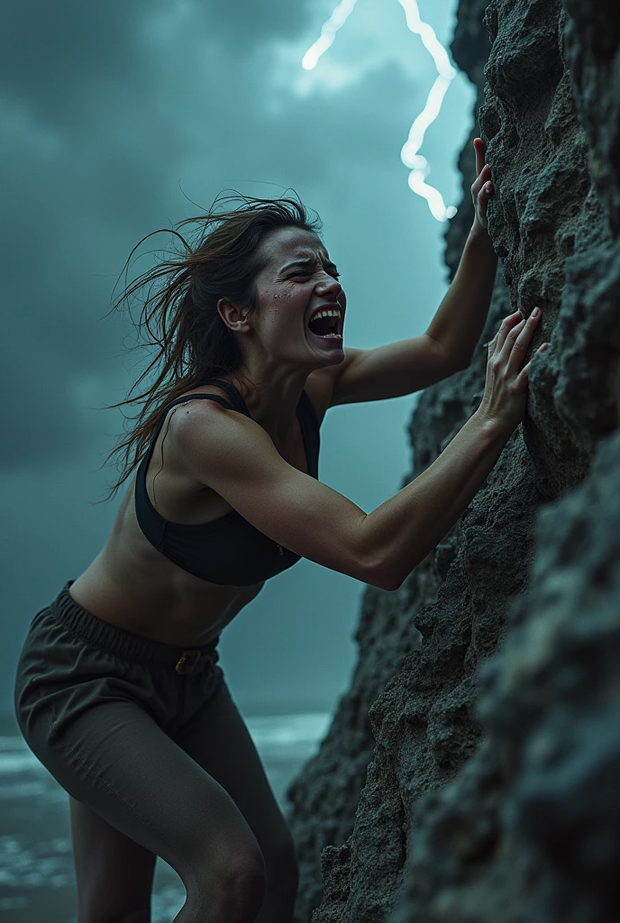 Crying woman, rock climbing, while people throwing stones