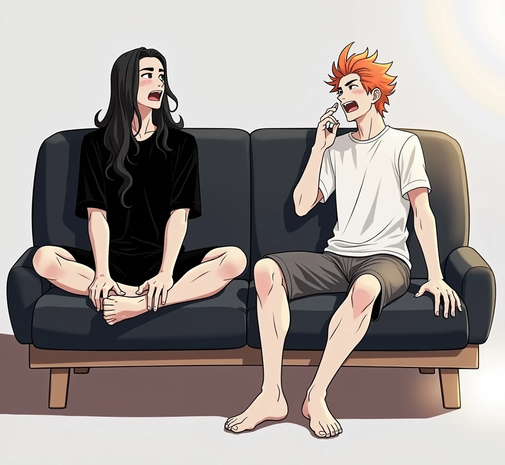 A guy with long black hair in a black T-shirt and black shorts is sitting on the couch, a guy with orange hair, in a white T-shirt and dark gray shorts is sitting next to him, sweat, hot, anime art , masterpiece, realistic, overdetalization, overdetalized hands, overdetalization of faces