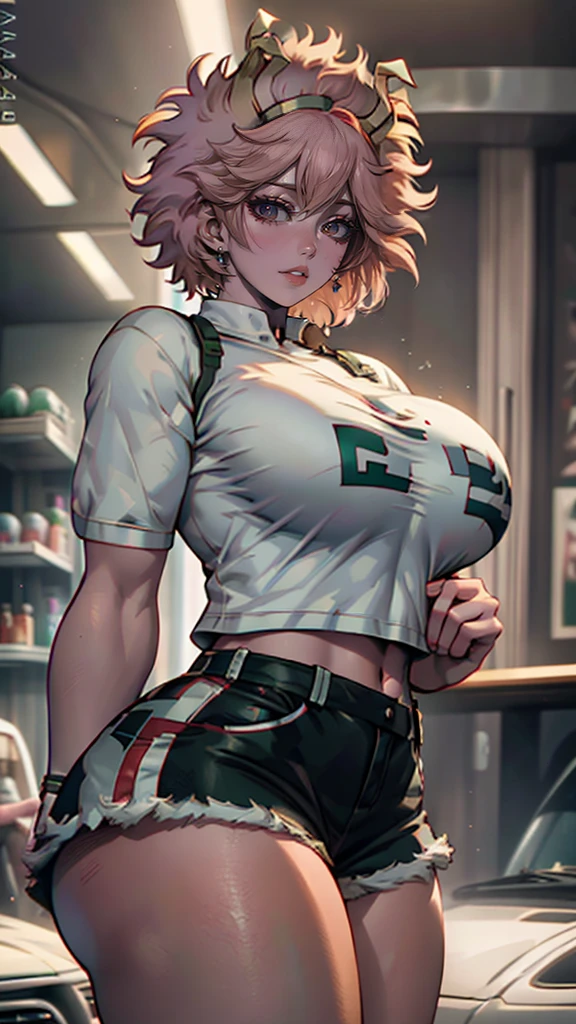 ((Masterpiece:1.5, best quality)), ((Mina Ashido from My Hero Academia)), beautiful face, (voluptuous), large_breast, ample hips, flaunting her incredibly detailed accentuated big booty, wearing cropped t-shirt and daisy dukes, thick_thighs, breathtaking detail, RAW photo color, cinematic lighting, 8k uhd, dslr, 