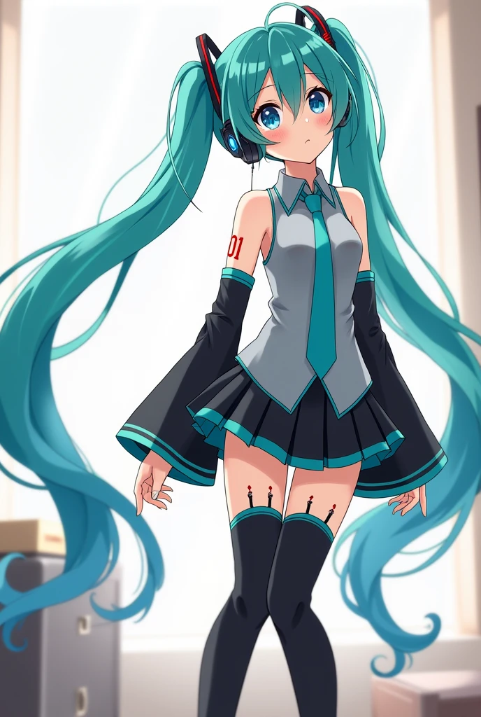 Anime art, anime style, detailed drawing, white background, high definition, high quality, one girl, solo, Hatsune Miku, aqua hair, twin tails, head ornament, headphones, number tattoo "01" (red, located on her left hand), grey sleeveless collared shirt, black detached sleeves with aqua lines, five fingers with aqua nails, aqua necktie, black pleated mini skirt with aqua lines, zettai ryouiki, thigh-high black boots with aqua lines.
An anime guy looking at the wallpaper of Miku Hatsune on the wall in his room