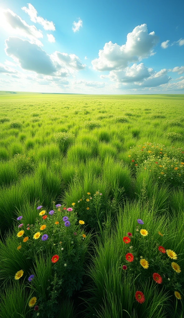 An overhead view of a vast prairie, captured directly from above as if by a drone. The view shows the tall grasses swaying in the wind, creating intricate patterns and waves across the landscape. The uniformity of the grass is interrupted only by occasional patches of wildflowers or small clearings. The sunlight casts subtle shadows, enhancing the texture and movement of the grass. This aerial perspective highlights the vastness and dynamic nature of the prairie as it dances in the wind.