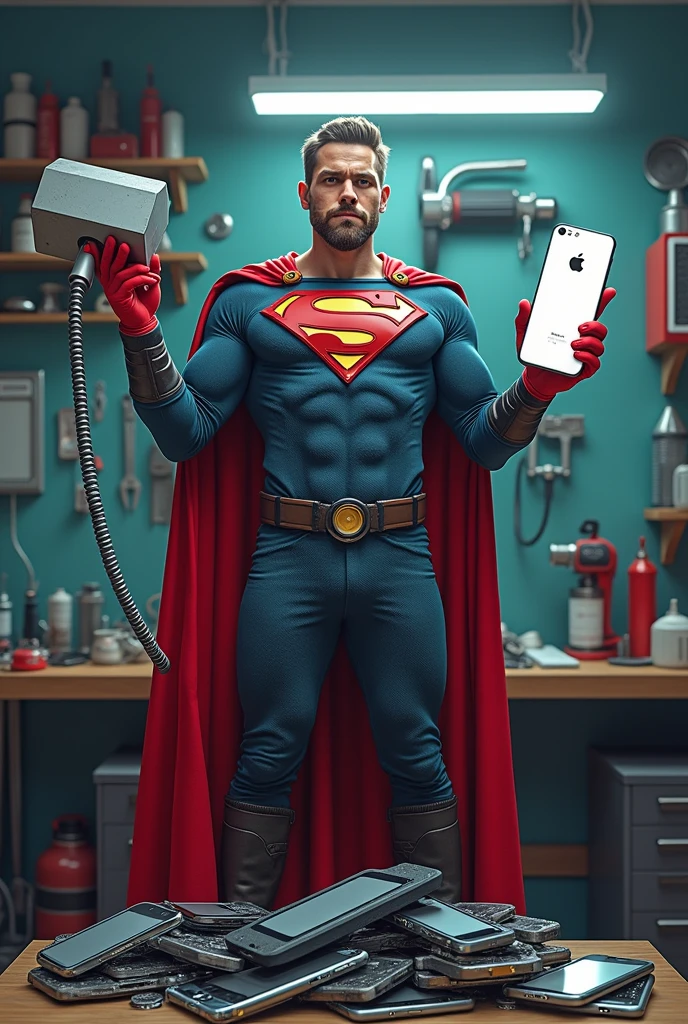 (Photorealism), (realistic) A humorous scene of a superhero-themed iPhone repairman standing in a repair shop. The repairman is dressed in a superhero outfit with a cape made of phone cables, holding a giant screwdriver like Thor's hammer in one hand, and a perfectly repaired glowing iPhone in the other. The background features a cartoon-style repair shop with exaggerated oversized tools and broken iPhones scattered around. The repairman stands triumphantly over a pile of broken phones, giving off a confident and victorious vibe.