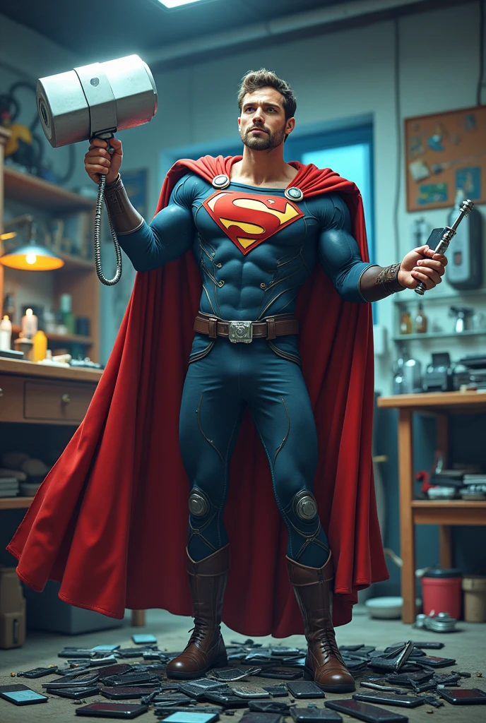 (Photorealism), (realistic) A humorous scene of a superhero-themed iPhone repairman standing in a repair shop. The repairman is dressed in a superhero outfit with a cape made of phone cables, holding a giant screwdriver like Thor's hammer in one hand, and a perfectly repaired glowing iPhone in the other. The background features a cartoon-style repair shop with exaggerated oversized tools and broken iPhones scattered around. The repairman stands triumphantly over a pile of broken phones, giving off a confident and victorious vibe.