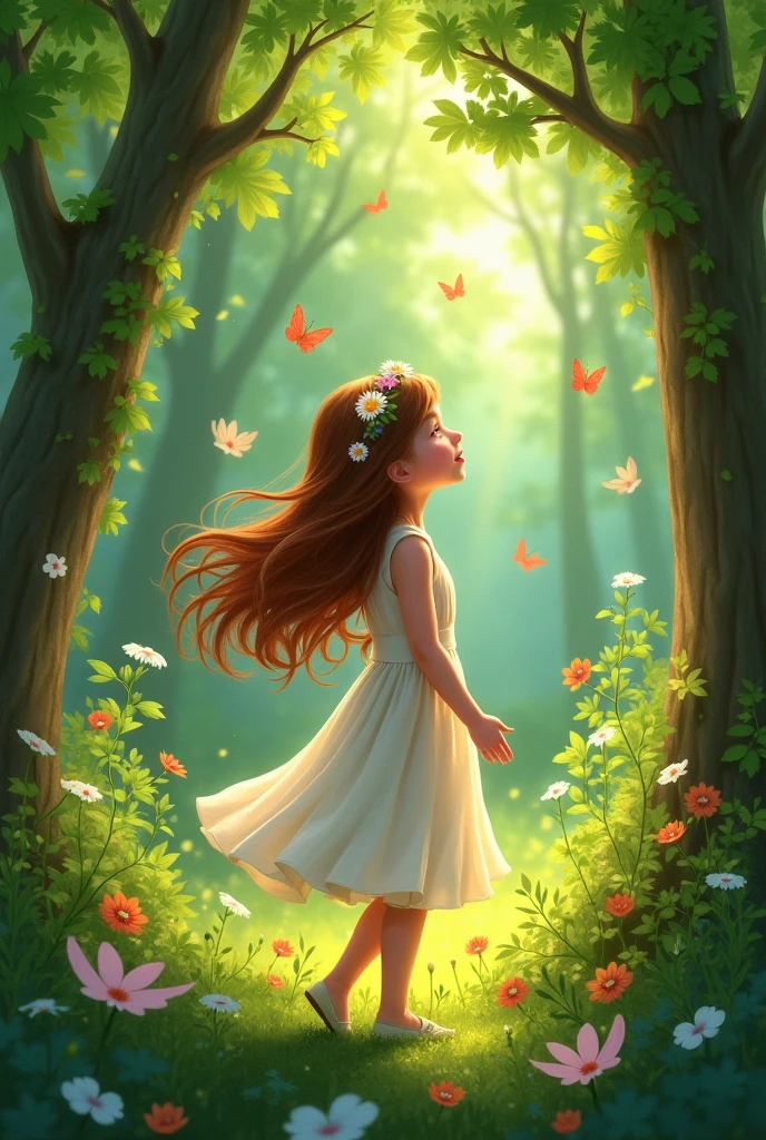 A girl singing song in forest