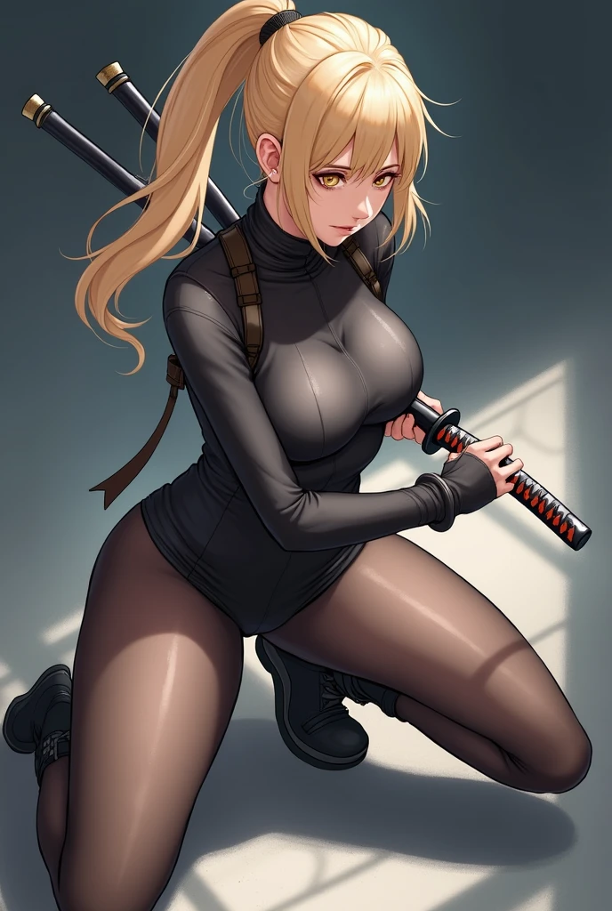 (masterpiece),(best quality),(high resolution),(Very detailed),8K,wallpaper,(Best Illustration),(A woman),(Blonde),(Ponytail:2.0),(Black high-leg tights),(Transparent tights),(combat boots shoes:2.0),(((Ready to fight,Wielding a Japanese sword:1.6,Draw your sword:1.6,I have a stance:1.6,Black sheath:1.6))),((look here:1.6)),(Serious:1.6),(dark:1.6),(Pretty Face,Beautiful Skin,Large Breasts,Thick thighs,function,plump),(Beautiful female hands:1.6),(Detailed hands:1.6),Dynamic