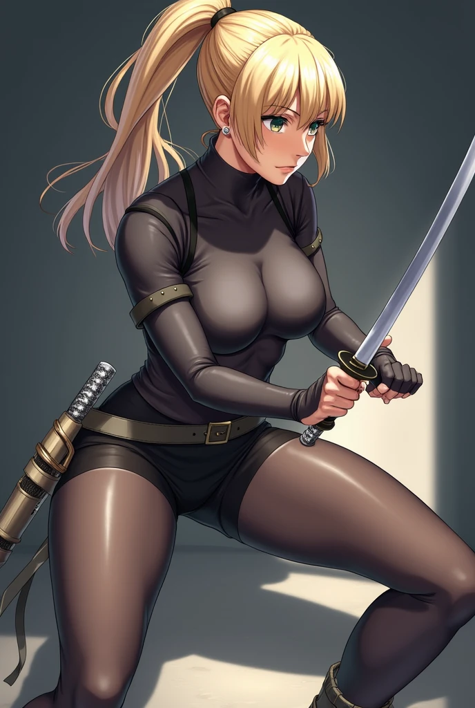 (masterpiece),(best quality),(high resolution),(Very detailed),8K,wallpaper,(Best Illustration),(A woman),(Blonde),(Ponytail:2.0),(Black high-leg tights),(Transparent tights),(combat boots shoes:2.0),(((Ready to fight,Wielding a Japanese sword:1.6,Draw your sword:1.6,I have a stance:1.6,Black sheath:1.6))),((look here:1.6)),(Serious:1.6),(dark:1.6),(Pretty Face,Beautiful Skin,Large Breasts,Thick thighs,function,plump),(Beautiful female hands:1.6),(Detailed hands:1.6),Dynamic