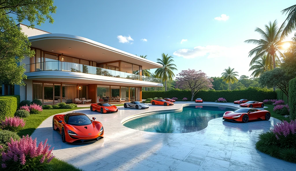 futuristic rich billionaire modern house, futuristic rich billionaire modern colorful cars, futuristic rich billionaire modern big garden, realistic view, realistic sky, sun reflection, uncommon and unique, realistic shadow, realistic shader, dynamic lighting,