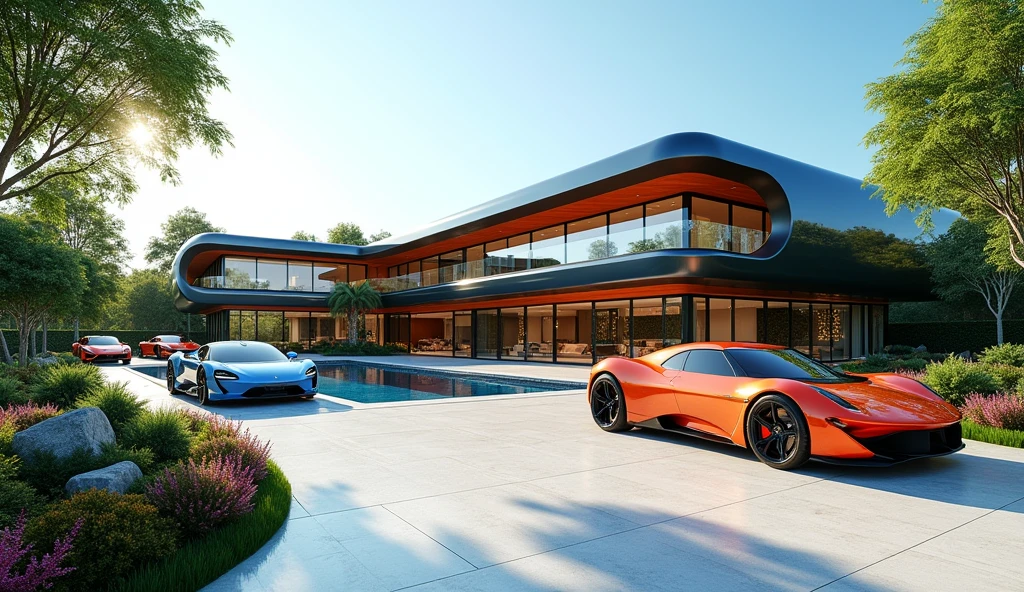 futuristic rich billionaire modern house, futuristic rich billionaire modern colorful cars, futuristic rich billionaire modern big garden, realistic view, realistic sky, sun reflection, uncommon and unique, realistic shadow, realistic shader, dynamic lighting,