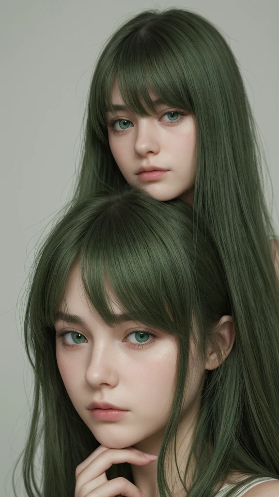 a girl. European. Extremely detailed face. Oval face. Delicate facial features. Half-closed eyes. Long straight hair. Messy hair. Bangs. Green hair. Green eyes. lewd expression. sad mood